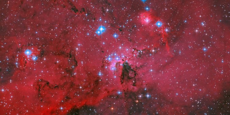 NASA’s Hubble Captures Crimson Cloud Sparkling with White, Blue Stars