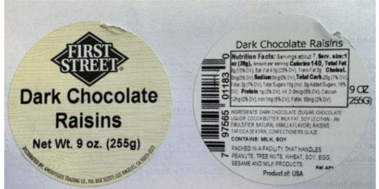 Chocolate raisins recalled because of undeclared peanuts