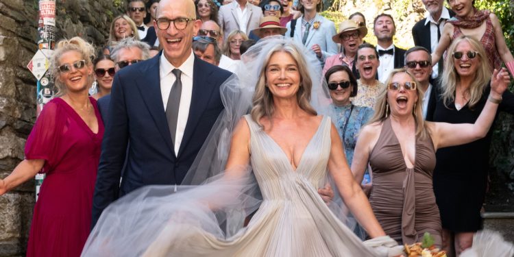 Paulina Porizkova Wore a Pleated Dress Inspired by Water for Her Lakeside Italian Wedding to Jeff Greenstein