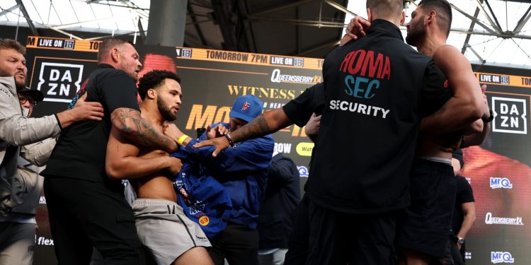 Moses Itauma gets slapped for pushing his world title fight opponent off stage during final face-off
