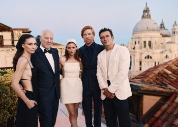 Werner Herzog, Orlando Bloom, Kate Mara, Rooney Mara, Domhnall Gleeson, and Vanity Fair Toast to Bucking Fastard at the Venice Film Festival