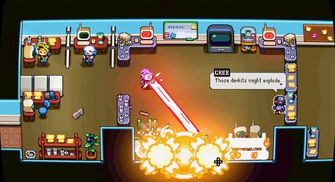 Laser Guy is a twin-stick “anti-shooter” about a stressed out game developer who can’t stop shooting laser beams from his eye